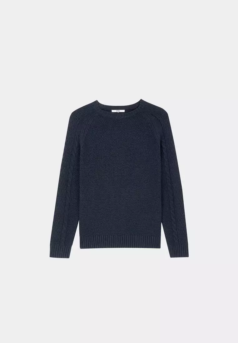 Grey Cable-Knit Crew Neck Sweater