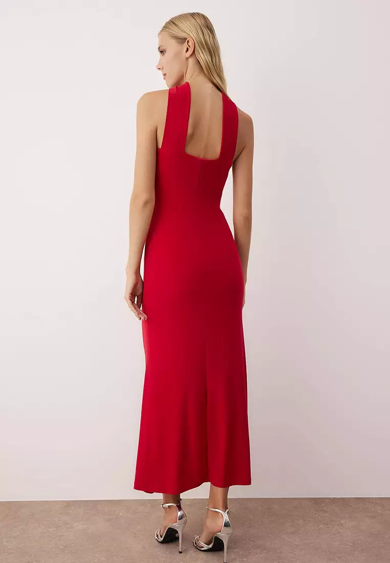 Red Plain Knit Sandy Maxi Unlined Cocktail Dress