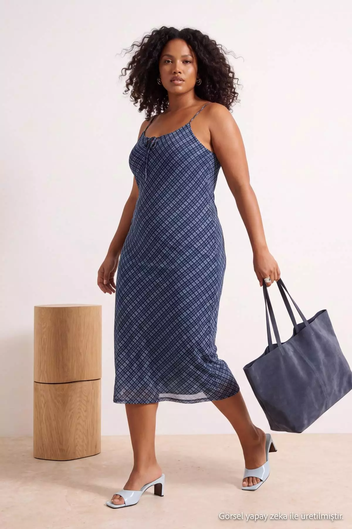 Teen Blue Lacing Detailed Plaid Pack Tulle Maxi Stretchy Knitted Plus Size Dress