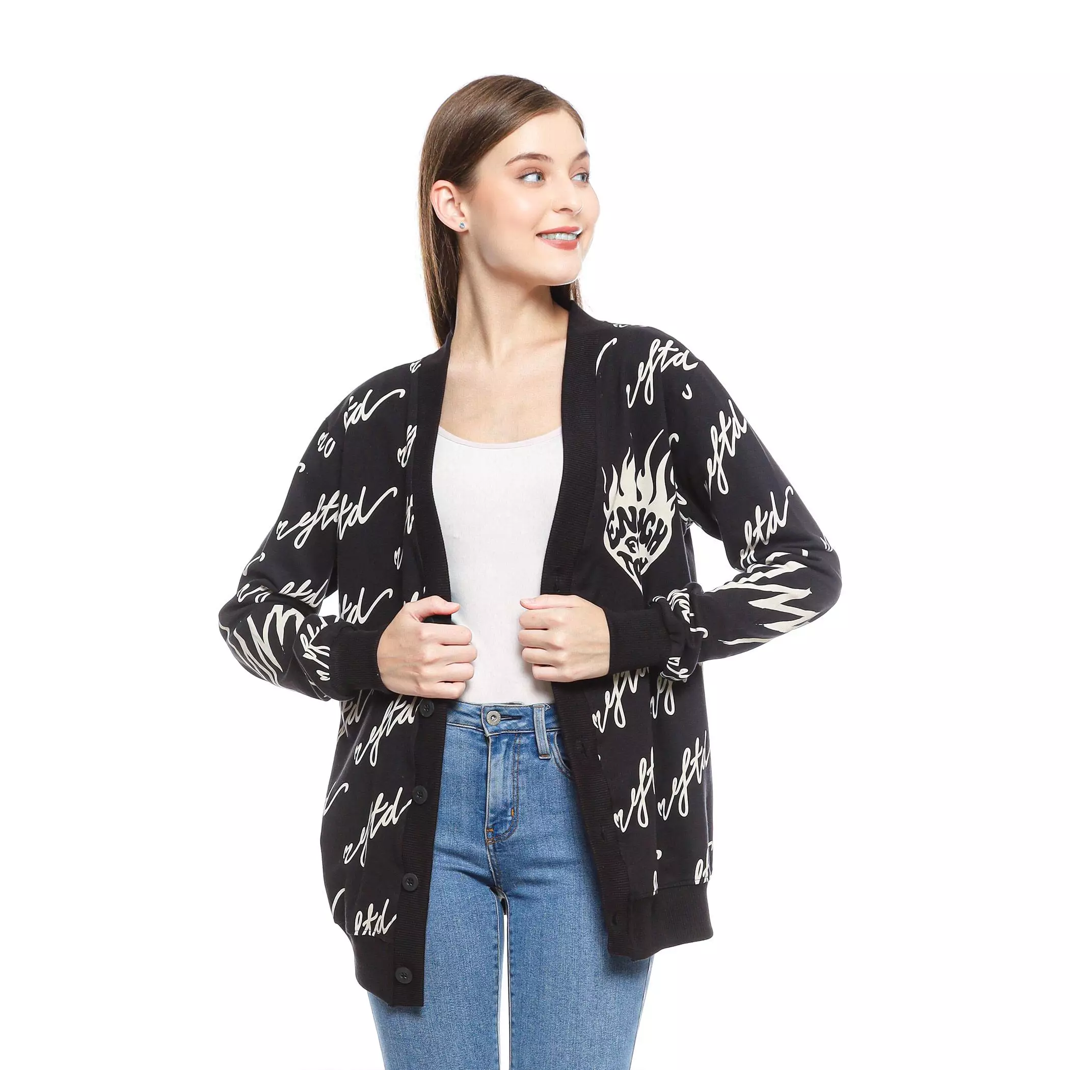 Enough For Today - Sweater Cardigan Motif Korea Love Eftd Hitam Sablon Discharge Bahan Katun Babyterry  Outer Wanita