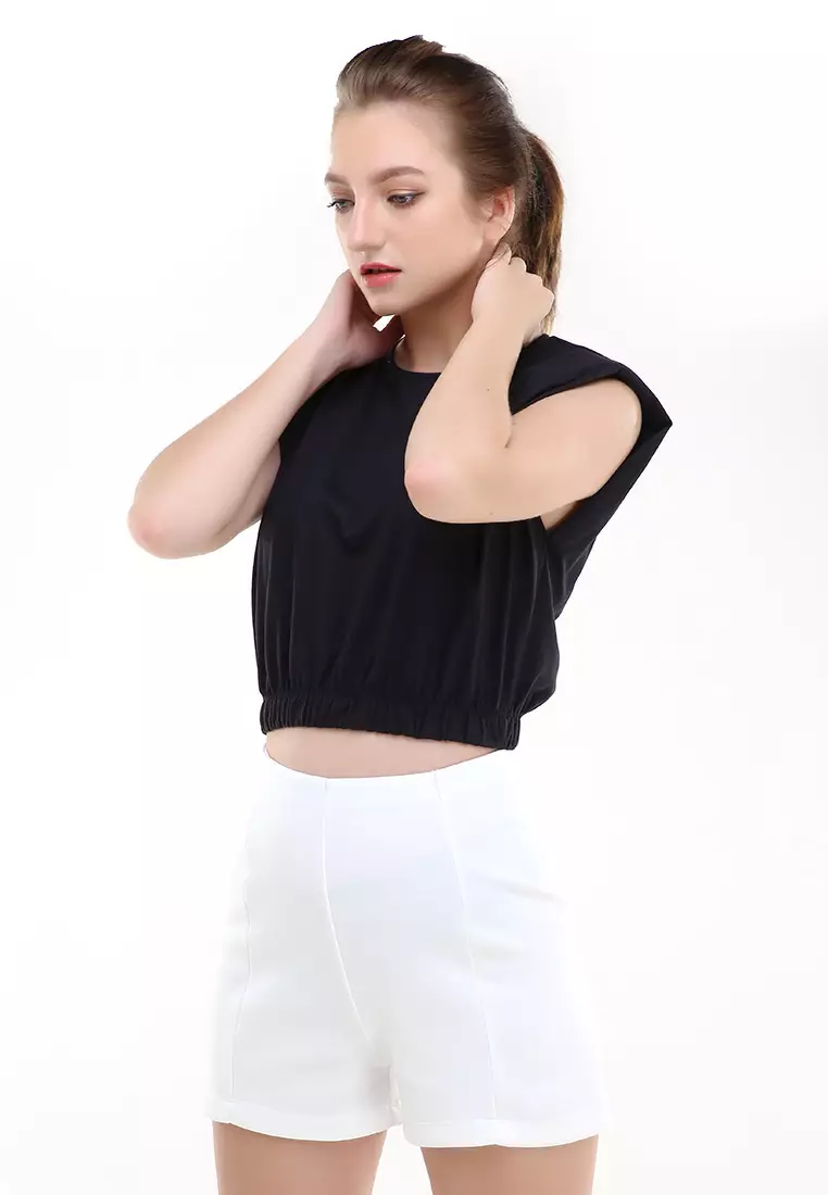 Sakya Tshirt Short Sleeve Top Padded Motif Polos Atasan Wanita Crop Regular fit - Black