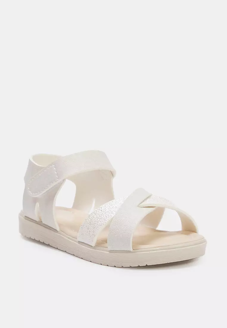 Beige Glitter Detailed Cross Banded Big Girls Kids Sandals Takss25Sd00026