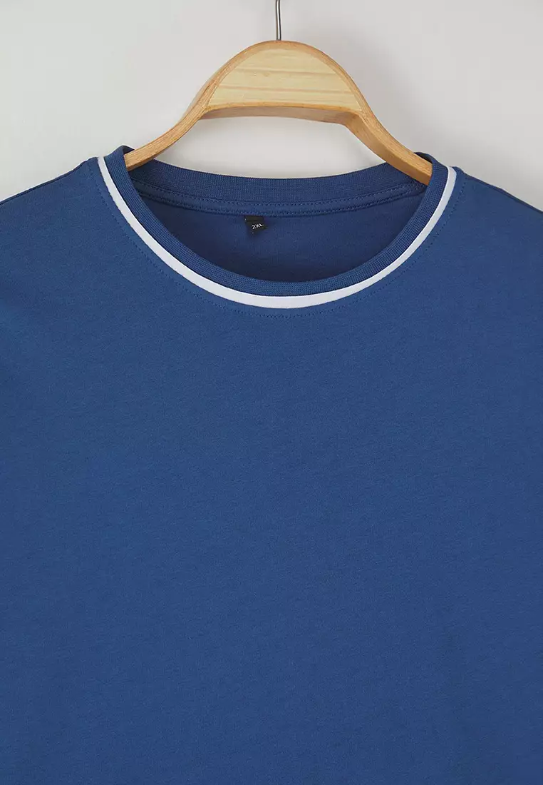 Indigo Crew Neck with Piping Detail Basic Plus Size T-shirt TBBSS25BF00050