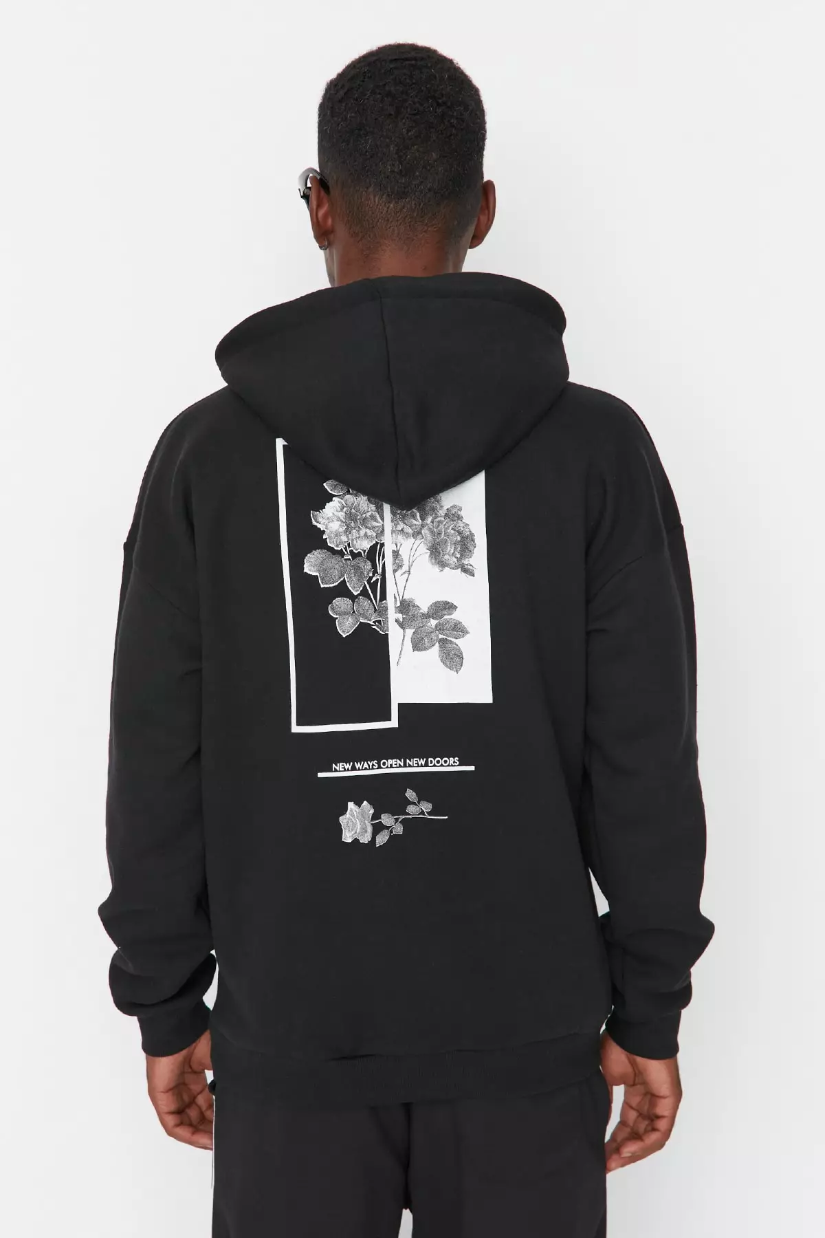 Men's Black Oversized Hoodie Printed Sweatshirt with a Soft Pile Inside, and a Floral Print