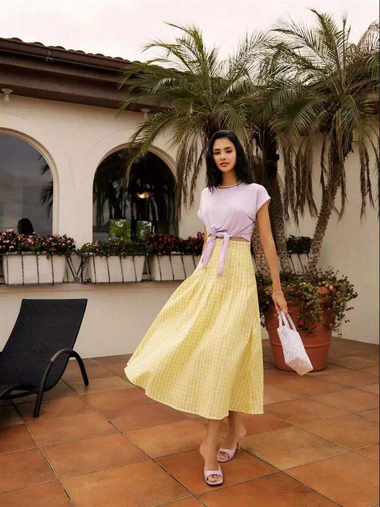 Buy OBSTYLE Xixi Selection．Pure cotton plaid pleated high waist long  circular skirt《CA2737》 in Cream Yellow 2024 Online