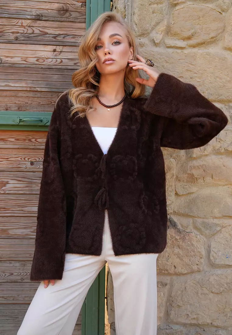 Buy Alacati Women's Brown Embossed Pattern Soft Bearded Knitwear Jacket ...