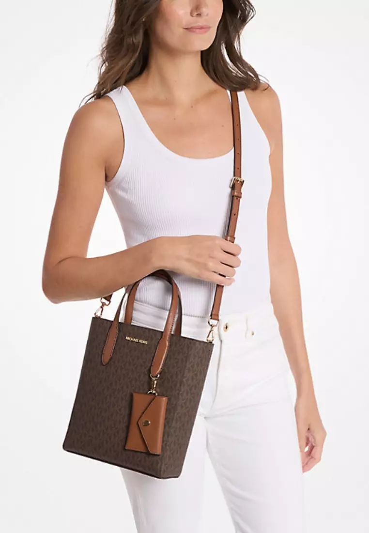 Vincent Small Signature Logo Convertible Tote Bag with Card Case Brown