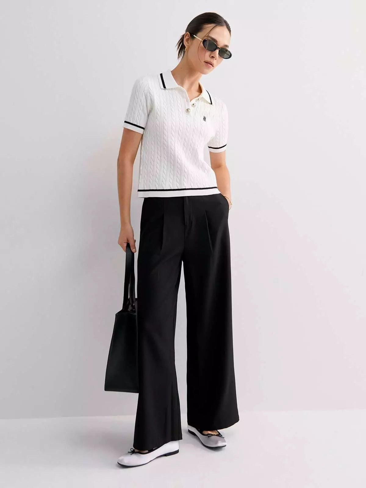 Cable Knitted Polo Top with Silver Hardware Detail - White