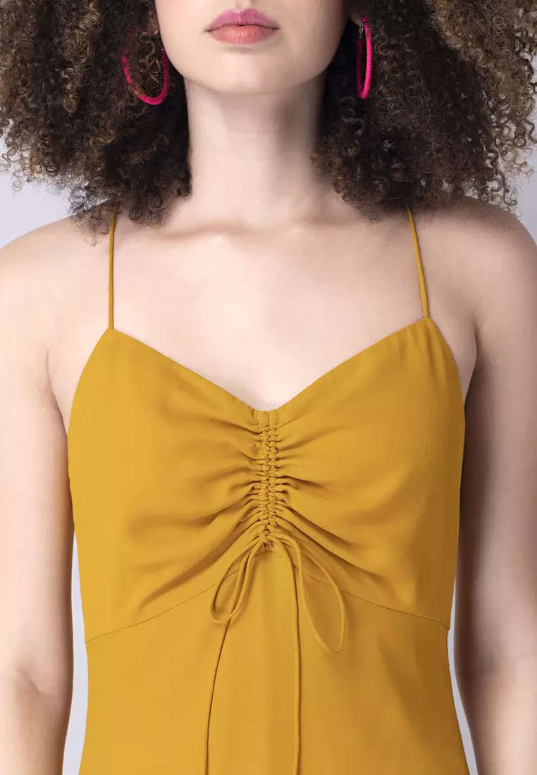 Yellow Noodle Strap Ruched Maxi Dress