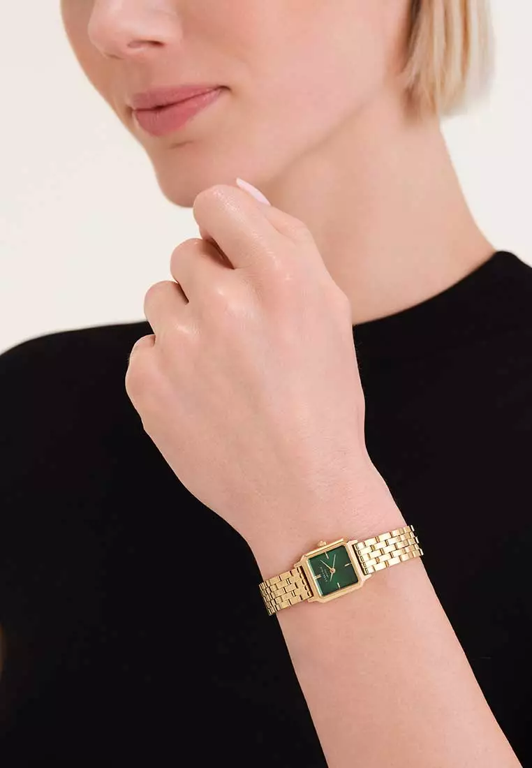 ROSEFIELD Jam Tangan Wanita The Boxelle Emerald Dial Gold Indexes Gold Steel Strap - BEGSG-B05
