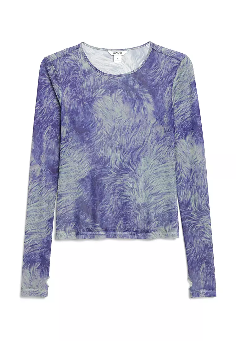 Monki mesh long sleeve crop top in purple graphic print