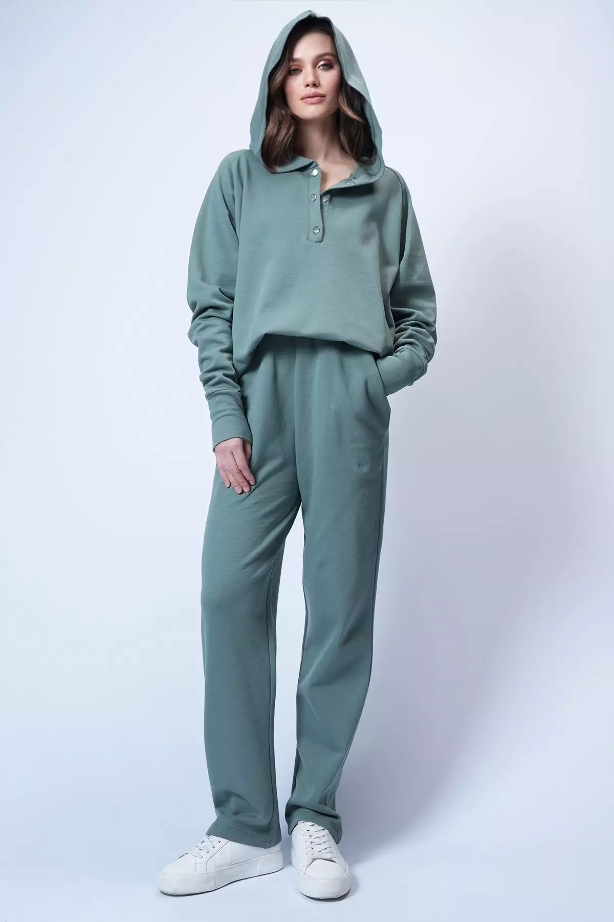 Mint Hooded Snap Fastener Oversize Sweatshirt And Pants Top And Bottom Set Alc-X12476