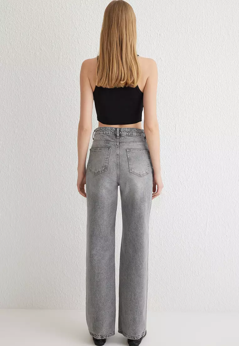 Grey High Waist Wide Leg Jeans