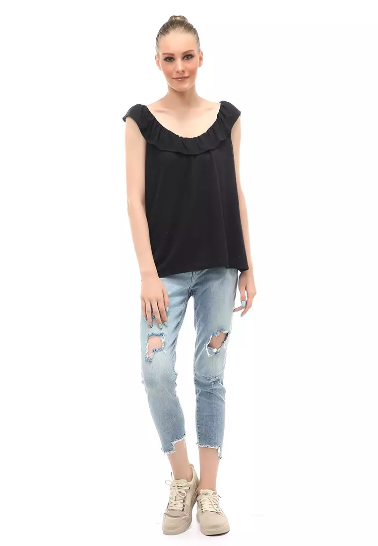 Baju Atasan Ruffled Linen Blend Jersey Wanita Relaxed Fit - Black