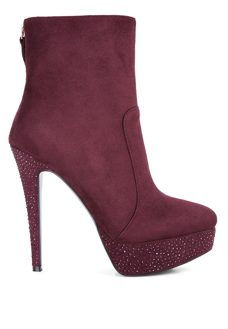 Burgundy Microfiber High Heeled Ankle Boots