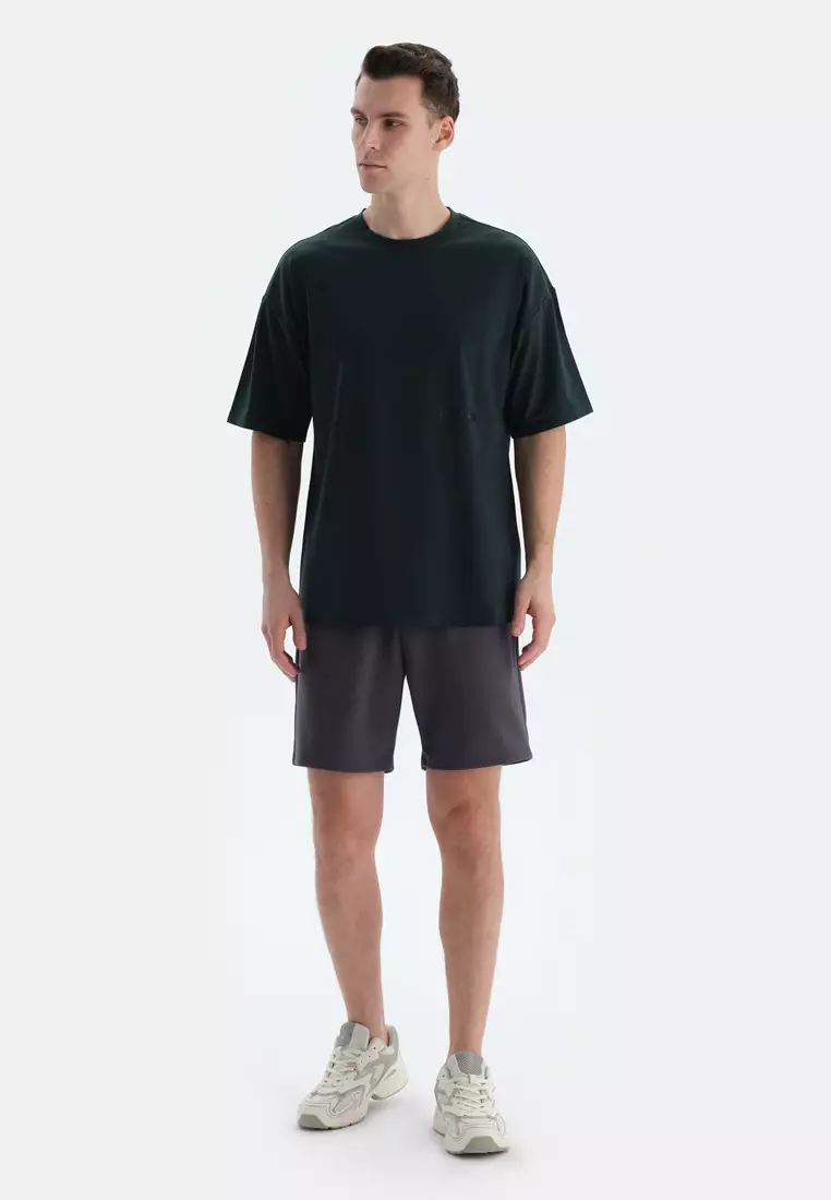 Dark Green T-Shirt, Slogan, Crew Neck, Oversize, Short Sleeve Activewear for Men