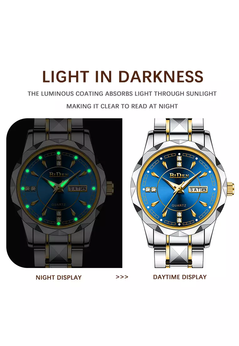 BIDEN Jam Tangan Couple Pasangan Anti Air Original Kalender Bercahaya Luminous Stainless Steel Analog Couple Watch Biru