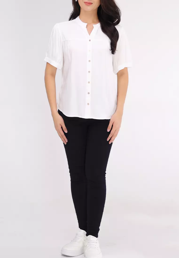 Bold Twill Chinese Collar Short Sleeves Blouse