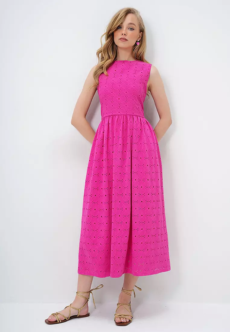 Women's Fuchsia Hidden Zipper Sleeveless Premium Guipure Dress Alc-X14143