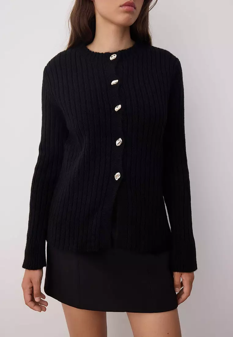 Black Button Detailed Soft Textured Slit Detailed Knitwear Cardigan Twoaw26Hi00096