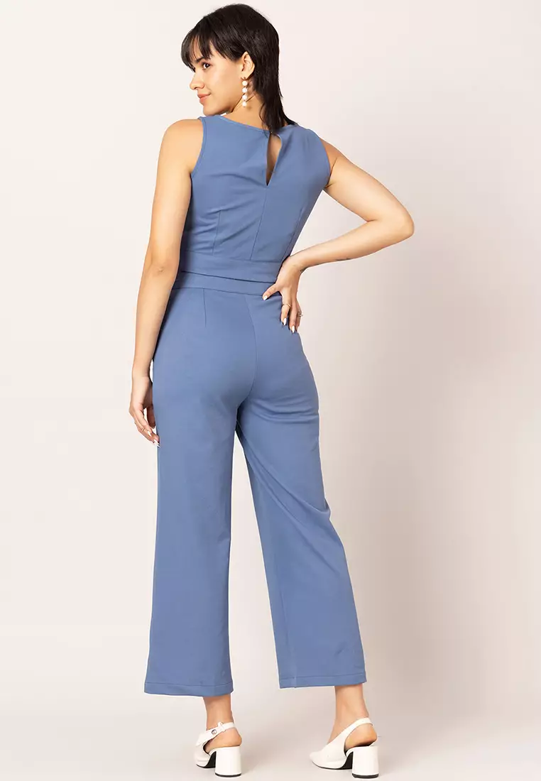 Blue Sleeveless Crop Top And Straight Fit Trousers Co-ord Set