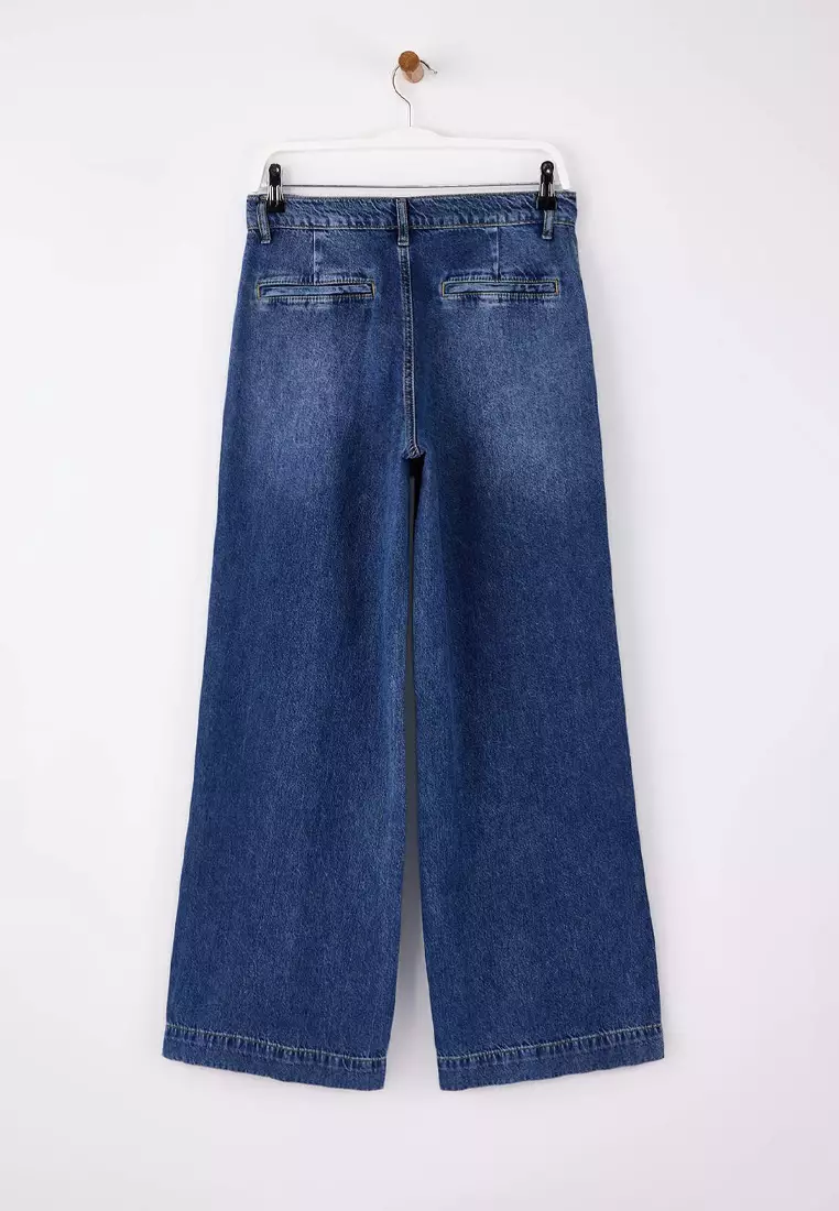 Dark Blue Drape Waist Detailed High Waist 1% Cotton Wide Leg Jeans Twoss26Je61
