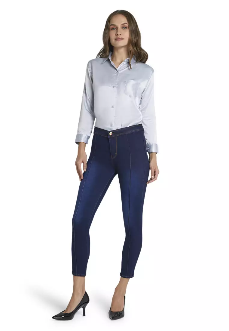 Ethelyne Celana Jeans High Waist Lipat Tulang Tengah Bawahan Wanita Casual - Navy