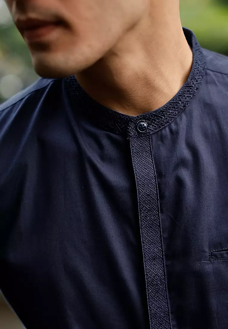 OXCON Kemeja Tangan Panjang koko bordir embrodiery collarless shirt Navy
