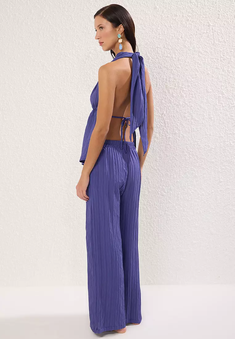 Purple Textured Beach Blouse Trousers Set  TBESS25AU00063