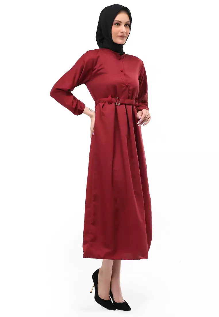 Berliana Gamis Muslimah Wanita With Belt Motif Polos Long Sleeve Relaxed Fit - Maroon