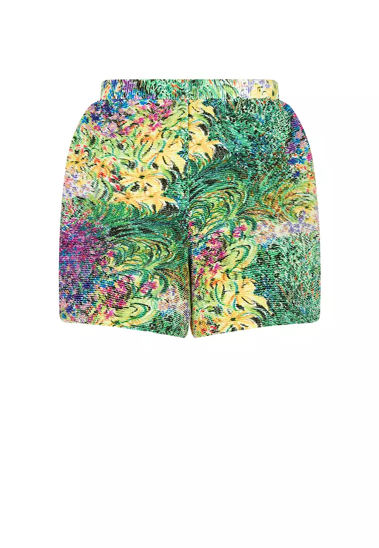 混纺图案元素阔腿卷边短裤