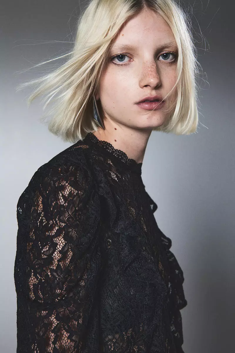 Frill-trimmed puff-sleeved lace top