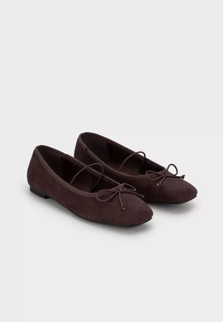 SQUARE TOE BALLET FLATS WITH STRAP & RIBBON 蝴蝶结松紧方头芭蕾平底鞋