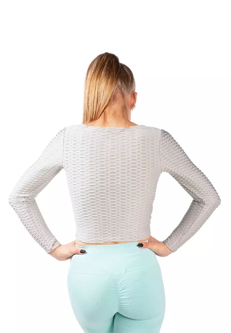 V-Neck Wrap Yoga Crop Top dalam Warna Abu-abu