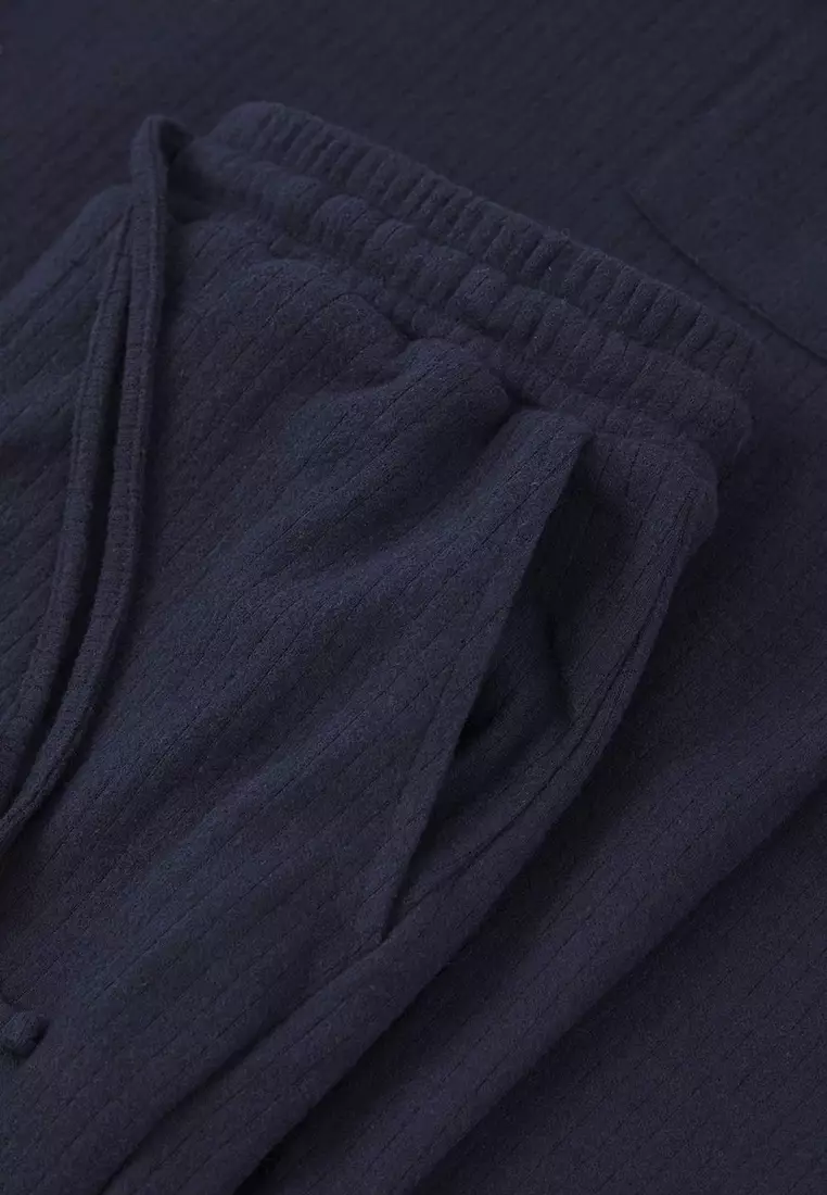 Navy Blue Regular Fit Pocket Label Detailed Soft Touch Knitted Pajama Set