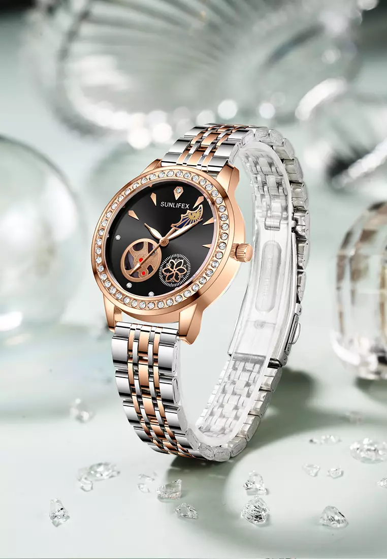 Jam Tangan Wanita E055 Korea Mewah Kuarsa Bercahaya Tali Paduan Jam Tangan Cewek Original black