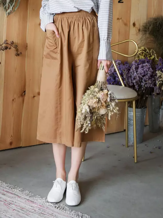 Cotton Elastic Waist Wide-Leg Cropped Trousers [BA3858]