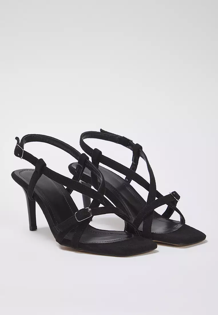 Black Suede Ankle Strap Square Toe Thin Heeled Women's Sandals Takss25To00018