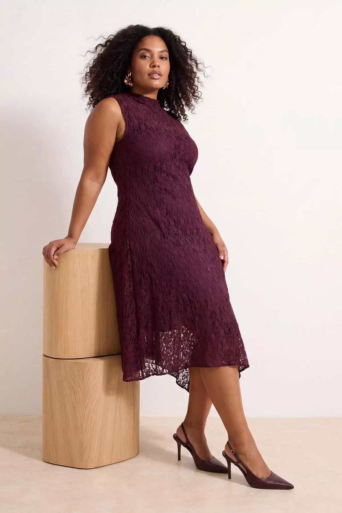 Plum Plain Asymmetrical Maxi Knitted Lace Plus Size Dress Tbbss26Ah00206