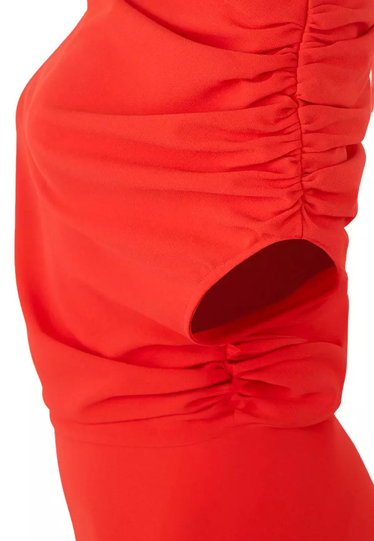 Red A Line Boat Neck Midi Stylish Dress