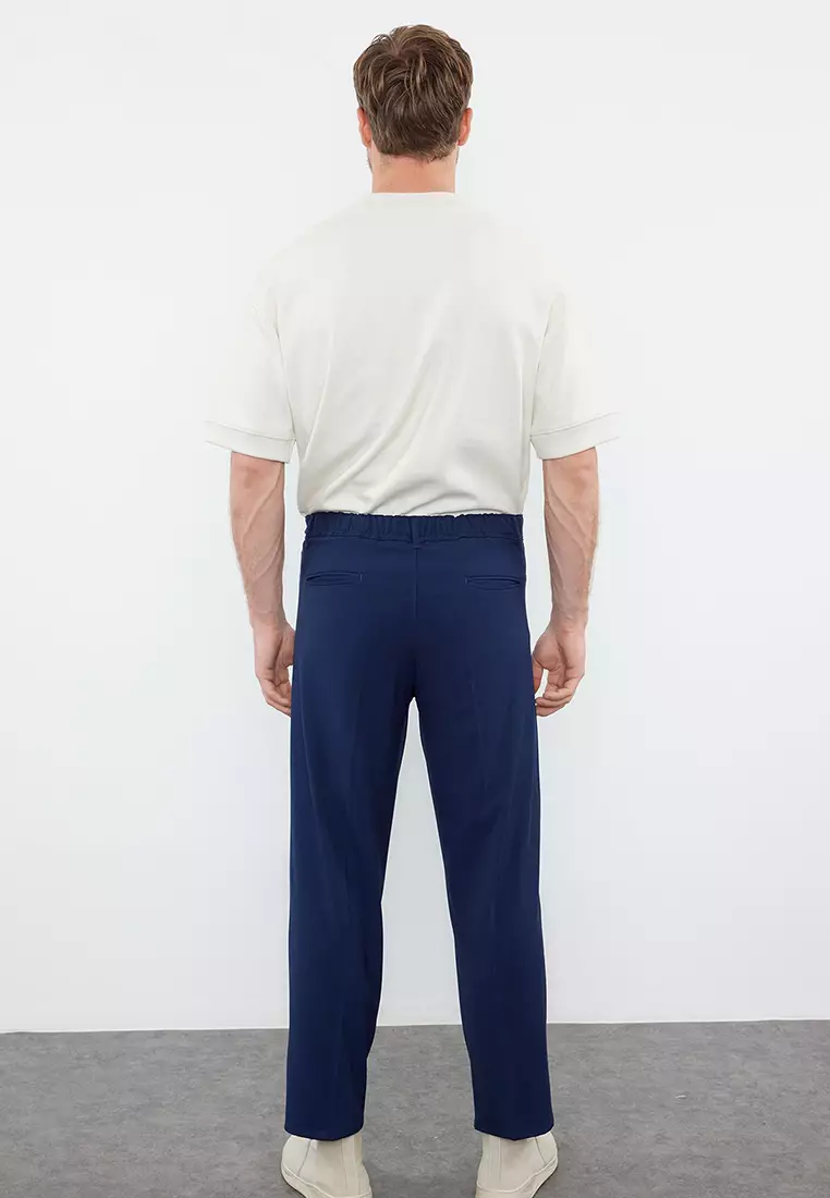 Navy Blue Pleated Classic Baggy Fit Fabric Trousers TMNSS24PL00024