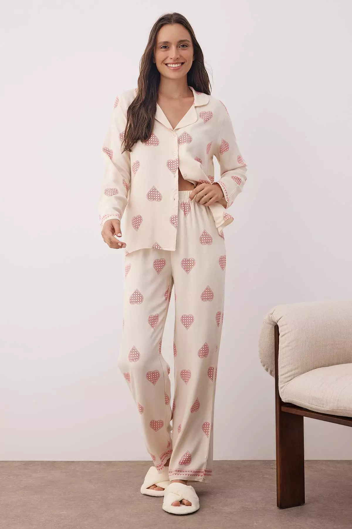 Ecru 100% Cotton Lined Woven Pajama Set Thmaw26Pt00025