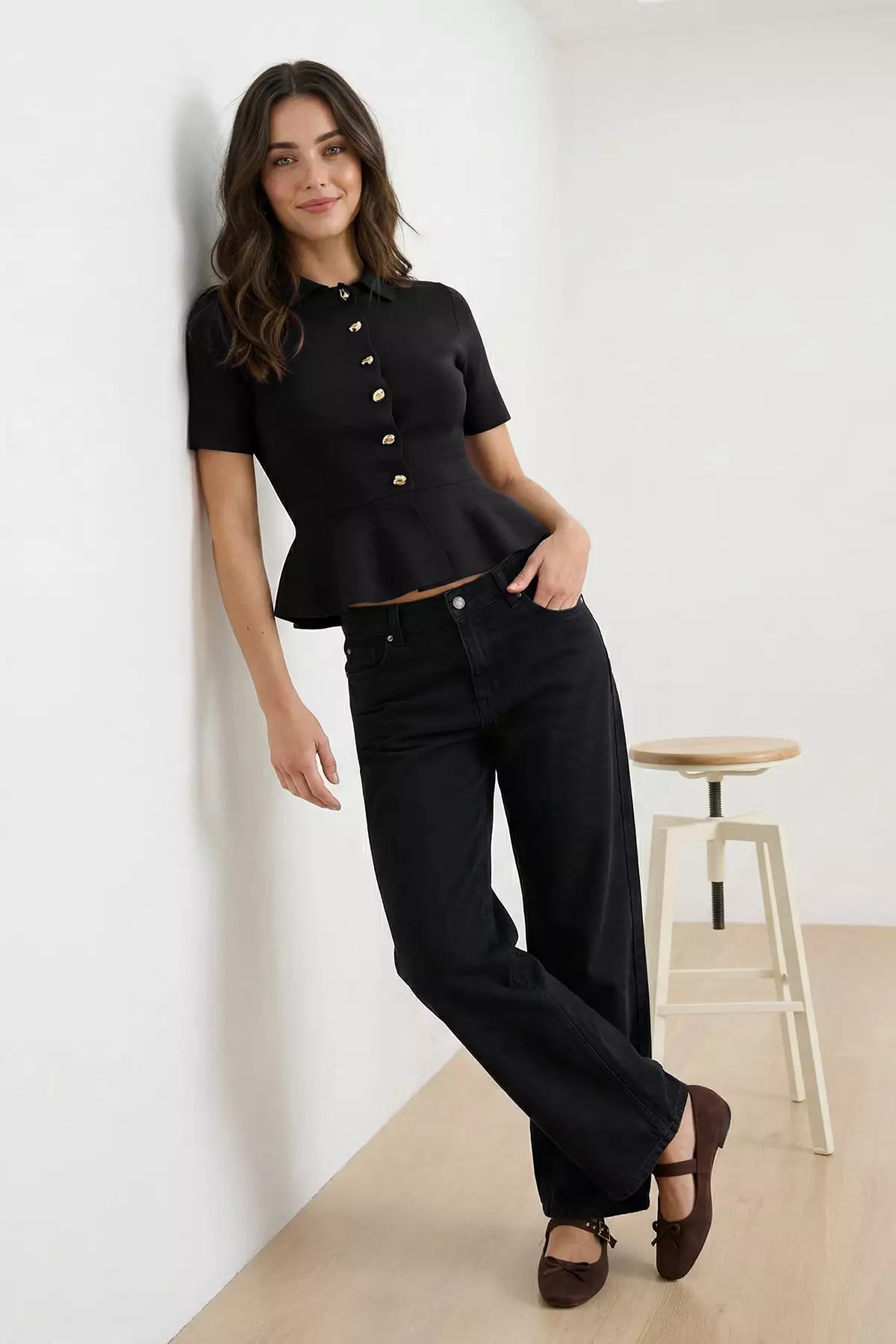 Black Peplum/Waist Fitted Button Detailed Blouse Twoss26Bz158