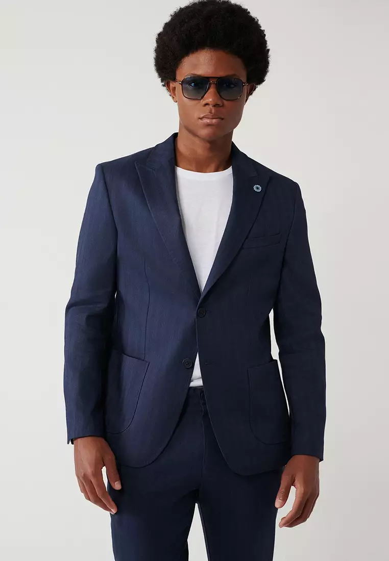 Men's Navy Blue Linen Blended Lightweight Unlined Flexible Jacket A41Y4006