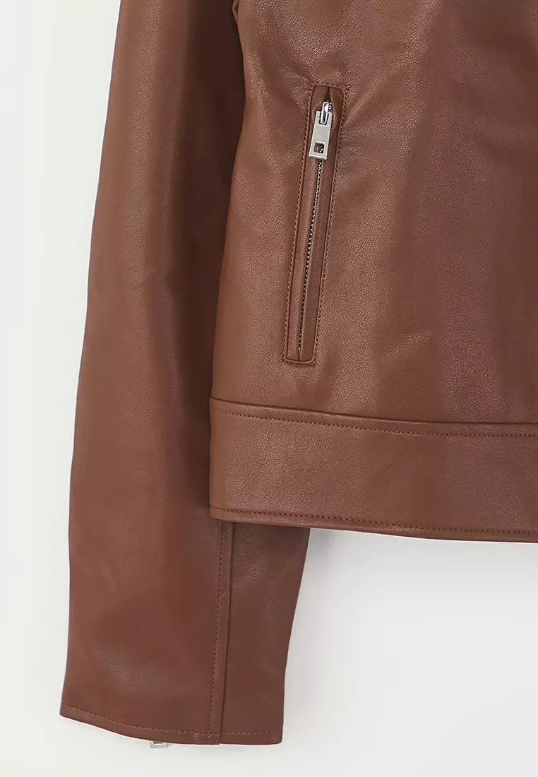 Dark Brown Fitted Mold Faux Leather Biker Slim Jacket Coats