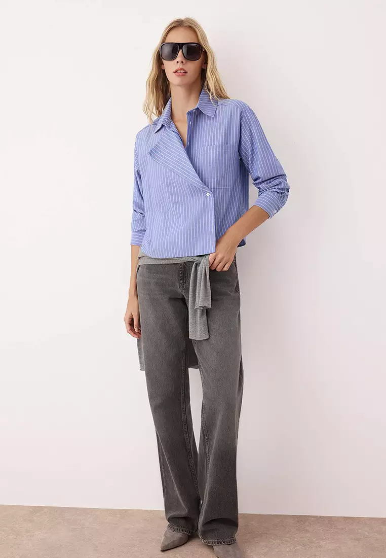 Blue-Multicolored Jacket Collar Oversize Striped Woven Shirt Twoaw26Go00020