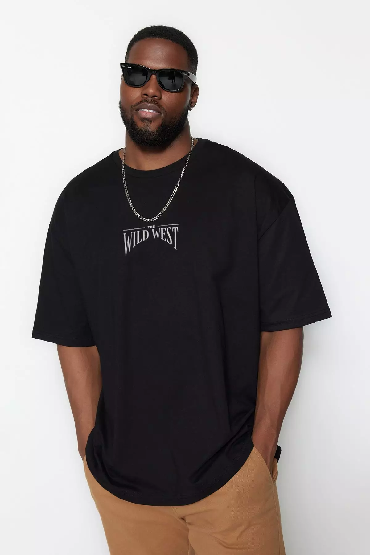 Plus Size Black Oversize/Wide Cut 100% Cotton T-Shirt TMNSS25BF00008