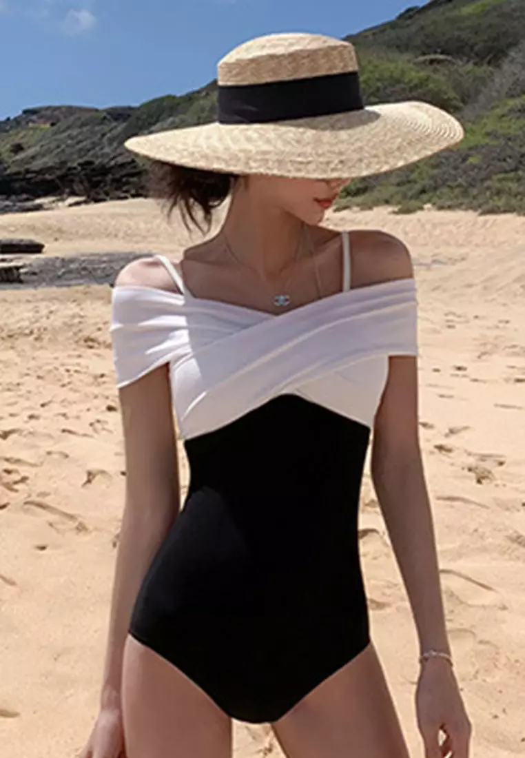 Off Shoulder Black And White Contrast One Piece Swimsuit CA071716