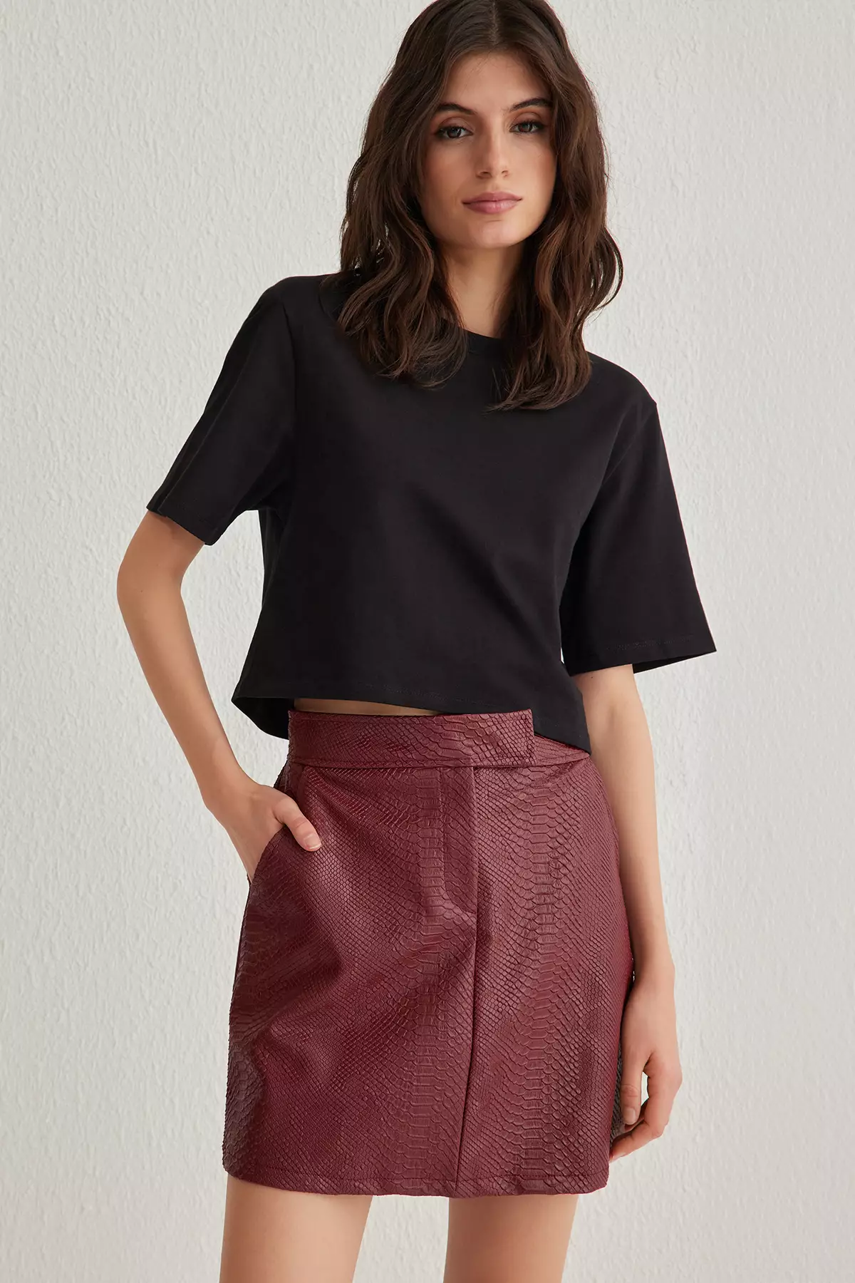 Dark Red Premium A Line Faux Leather Mini Skirt