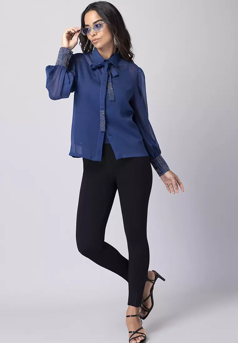 Blue Embellished Bow Collar Shirt